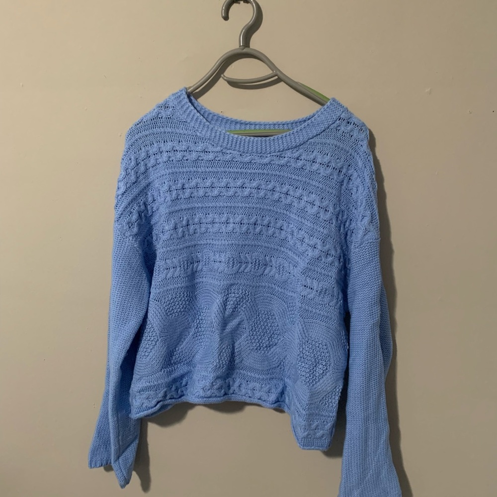 Pink lily blue cable sweater